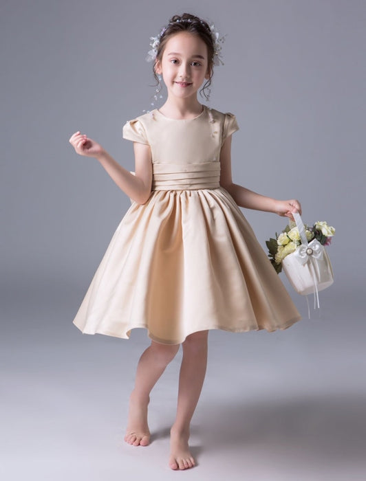 Cute Flower Girl Dresses Short Sleeve Satin Princess Dress Pleated Kids Party Dresses
