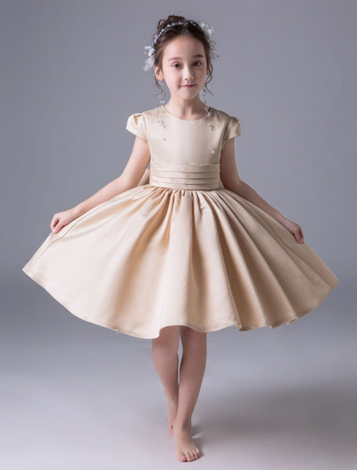 Cute Flower Girl Dresses Short Sleeve Satin Princess Dress Pleated Kids Party Dresses
