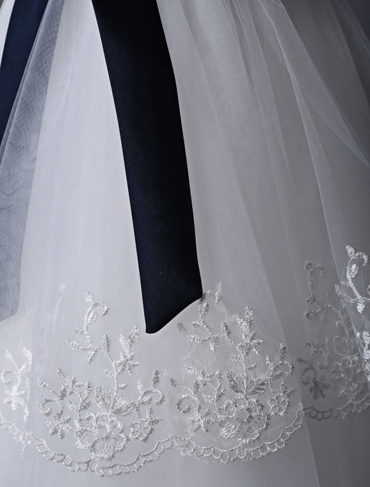 Ivory Tulle Flower Girl Dress With Lace Applique And Navy Blue Sash