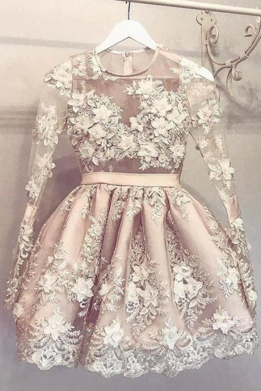 Cute Long Sleeve Homecoming Hand-Made Flower Short Prom Party Dress - Prom Dresses