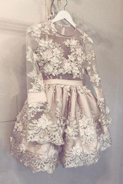 Cute Long Sleeve Homecoming Hand-Made Flower Short Prom Party Dress - Prom Dresses
