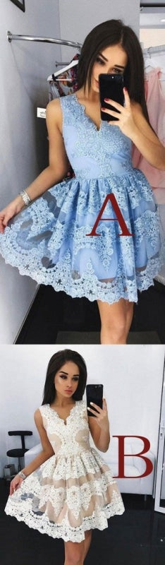 Cute Mini V-Neck Blue Homecoming Lace Appliqued Short Prom Sweet 16 Dress - Prom Dresses