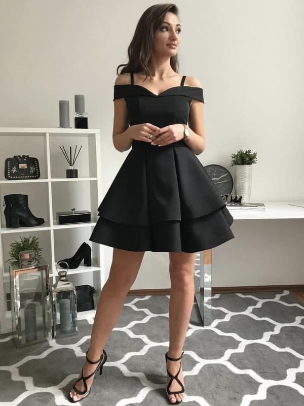 Cute Off Shoulder Layered Black Short Prom, Off Shoulder Layered Black