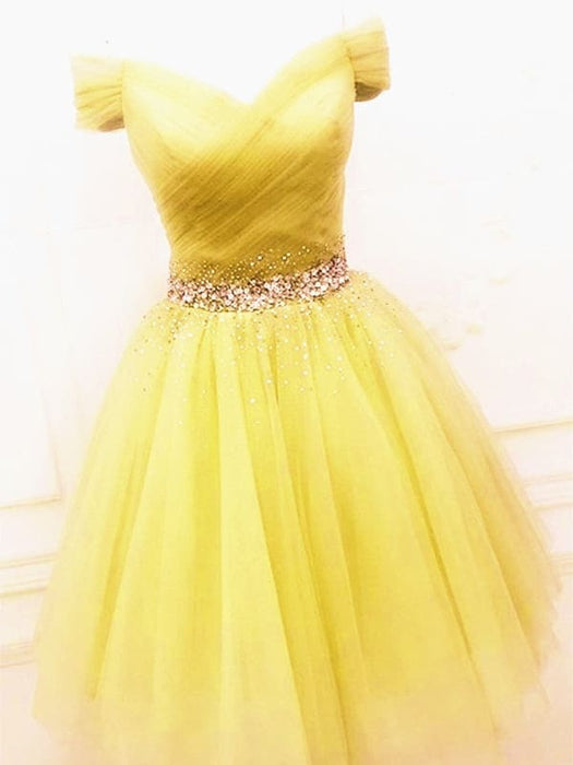 Cute Off Shoulder Sequins Yellow Homecoming Dress-Bridelily Cute Off Shoulder Sequins Yellow Homecoming Dress-Bridelily