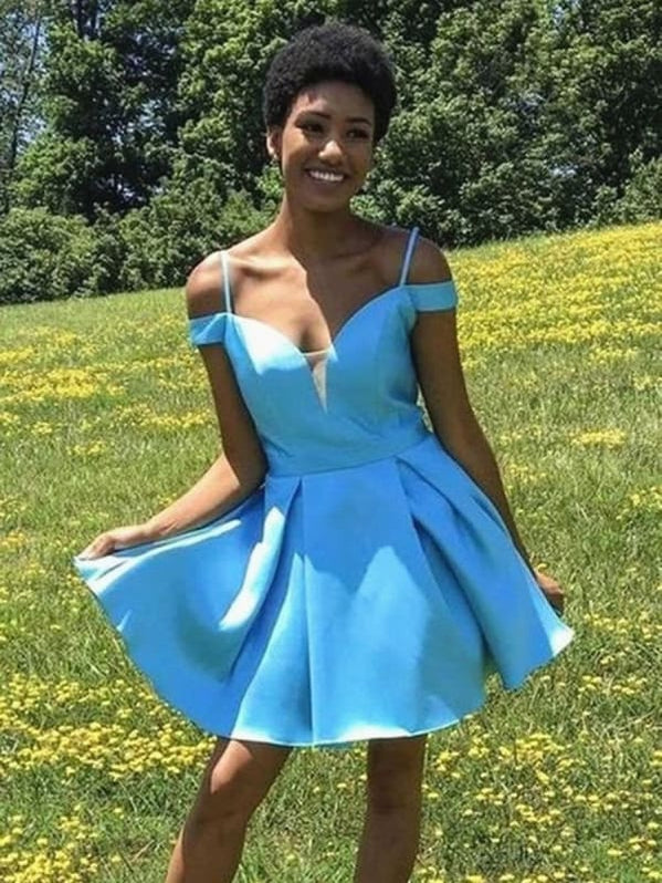 Chic Off-Shoulder Blue Short Prom Dress, Elegant Homecoming & Graduation Evening Gown main image 1