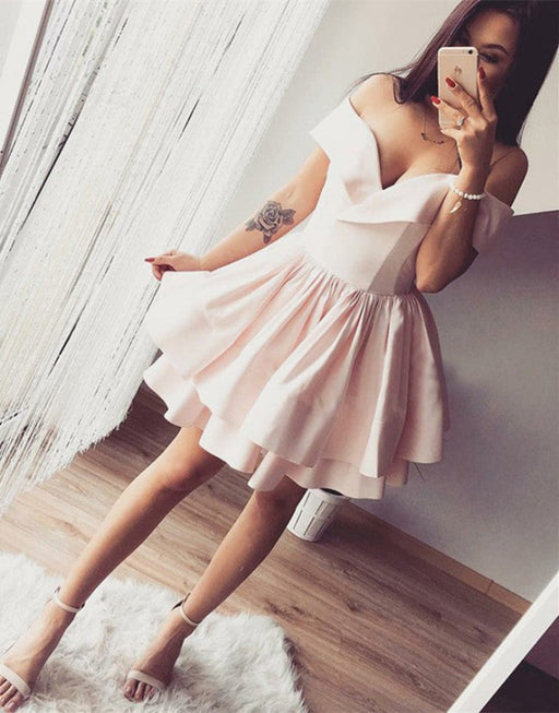 Cute Off the Shoulder Layered Pink Homecoming Dresses Short Prom Dresses, Off Shoulder Pink Formal Dresses, Evening Dresses
