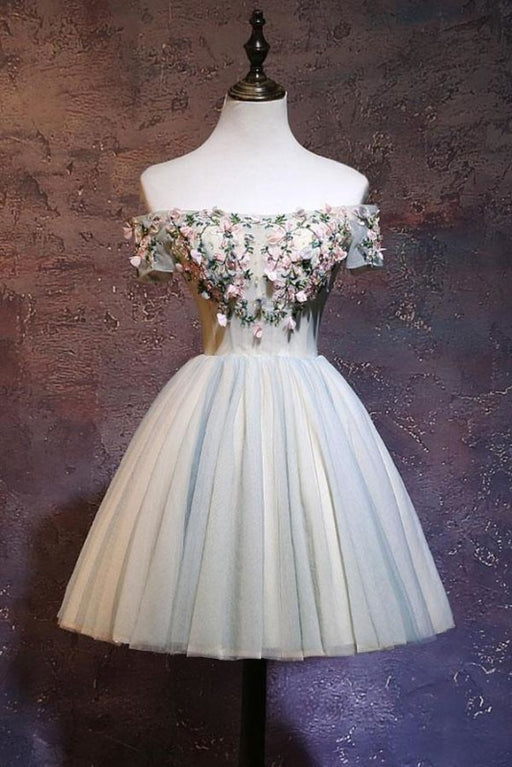 Cute Off the Shoulder Tulle Homecoming Light Green Short Prom Dress with Flowers - Prom Dresses