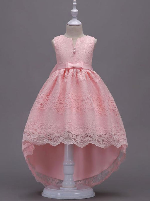 Lace Flower Girl Dresses Pink High Low Ball Gowns Sleeveless Bow Sash Princess Party Dresses