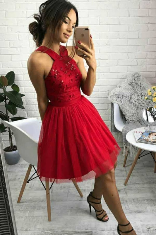 Red Tulle Off Shoulder Tea Length Prom Dresses, Red Homecoming