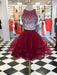 Cute Round Neck 2 Pieces Beading Burgundy Tulle Short Prom Dresses, 2 Pieces Burgundy Homecoming Dresses, Formal Dresses