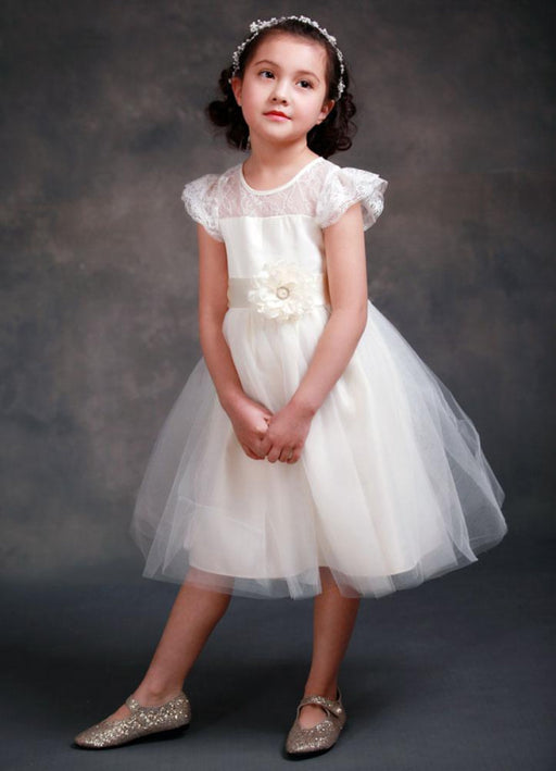 Satin Flower Girl's Dress Ball Gown Illusion Neck Short Sleeves Girl's Princess Formal Dress