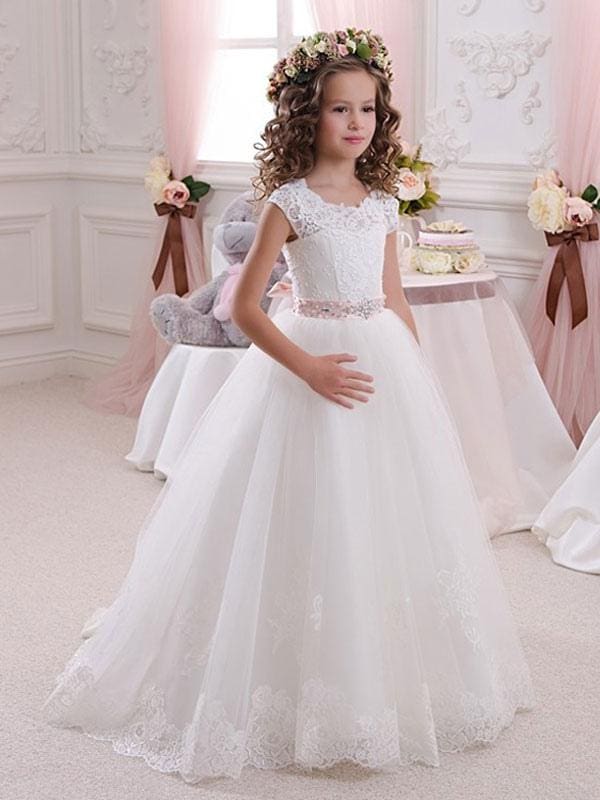 cute short sleeve dresses Cute Short Sleeves Flower Girl Dresses Lace Aline Kids Dresses-Bridelily