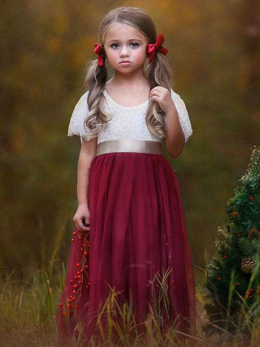Maroon Flower Girl Dresses Jewel Neck Short Sleeves Sash Kids Social Party Dresses