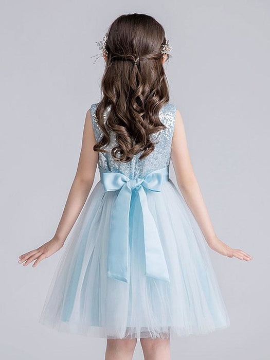 Baby Blue Flower Girl Dresses Jewel Neck Tulle Sleeveless Short Princess Dress Bows Kids Social Party Dresses