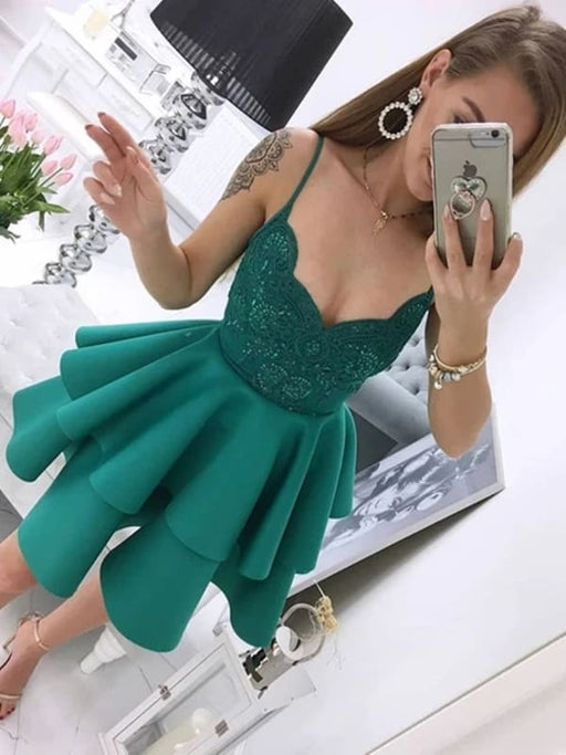 Cute tti Straps Green Lace Short Prom Homecoming Dresses, Layered Green Lace Formal Graduation Evening Dresses