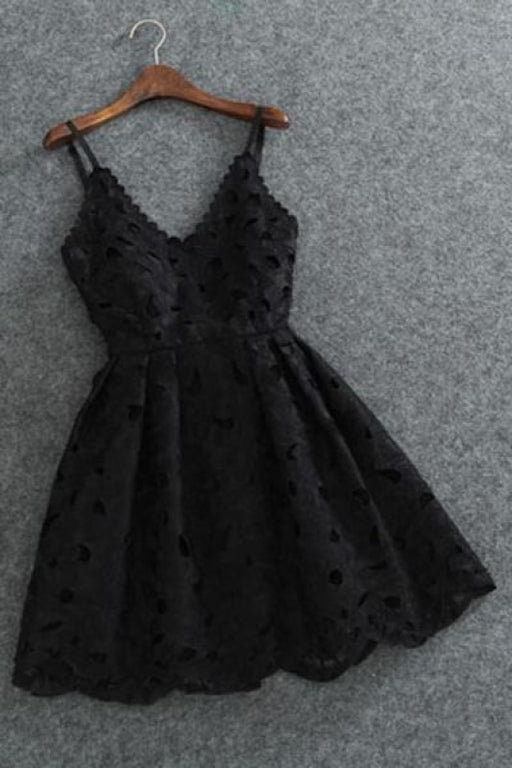 Cute Spaghetti Straps V Neck Black Lace Short Homecoming Mini Cocktail Dress - Prom Dresses