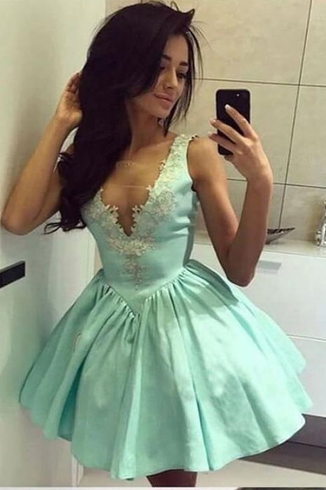 Cute Tiffany Blue V Neck Short White Prom Dresses 2021 - Bridelily Cute Tiffany Blue V Neck Short White Prom Dresses 2021 - Bridelily