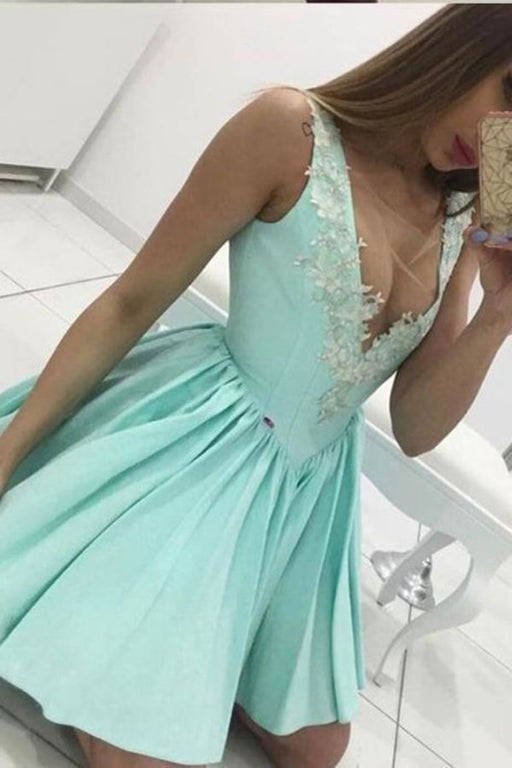 Cute Tiffany Blue V Neck Appliqued Short Homecoming Mini Graduation Dress - Prom Dresses
