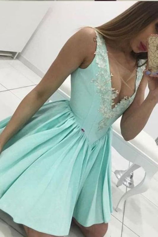 Cute Tiffany Blue V Neck Short White Prom Dresses 2021 - Bridelily Cute Tiffany Blue V Neck Short White Prom Dresses 2021 - Bridelily