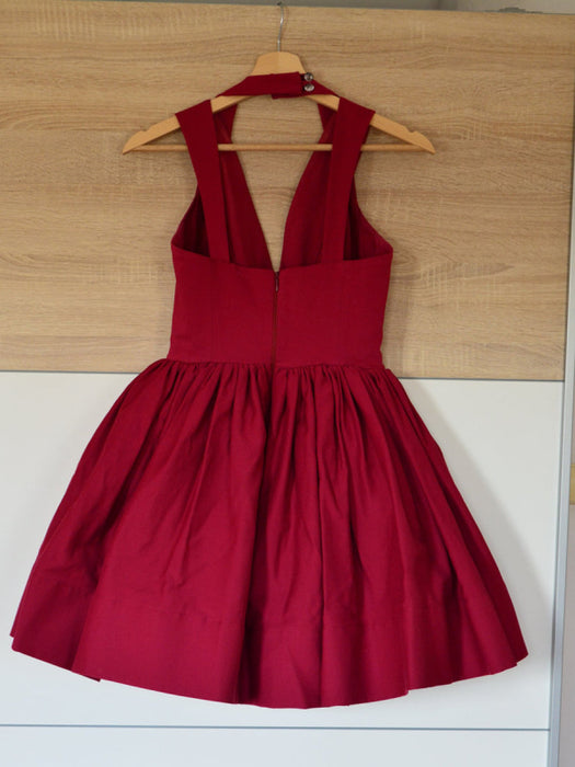 Cute V Neck Backless Layered Burgundy Short Prom Dresses Homecoming Dresses, Backless Burgundy Formal Graduation Evening Dresses, Burgundy Cocktail Dresses