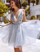 Cute V Neck Beaded Gray Tulle Short Prom Dresses Homecoming Dresses, Gray Formal Graduation Evening Dresses