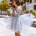 Cute V Neck Beaded Gray Tulle Short Prom Dresses Homecoming Dresses, Gray Formal Graduation Evening Dresses