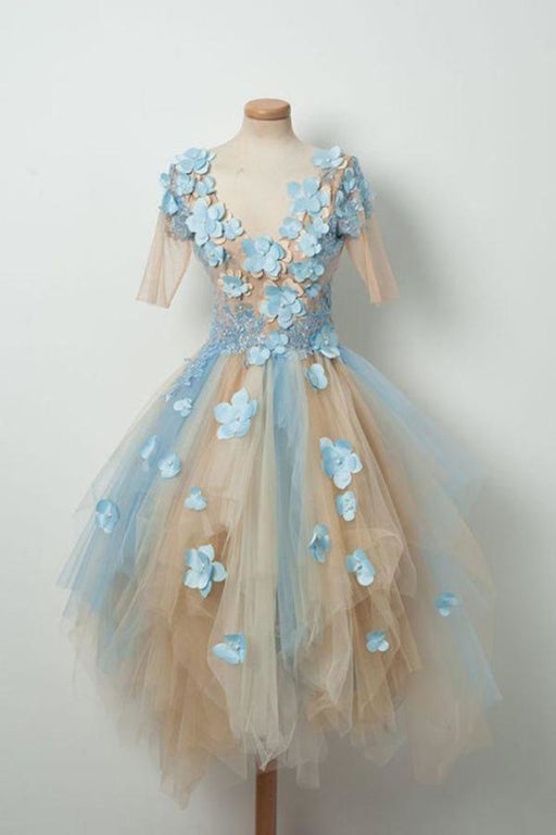 Cute V Neck Half Sleeves Tulle Short Prom Dress Asymmetrical Homecoming Dresses - Prom Dresses