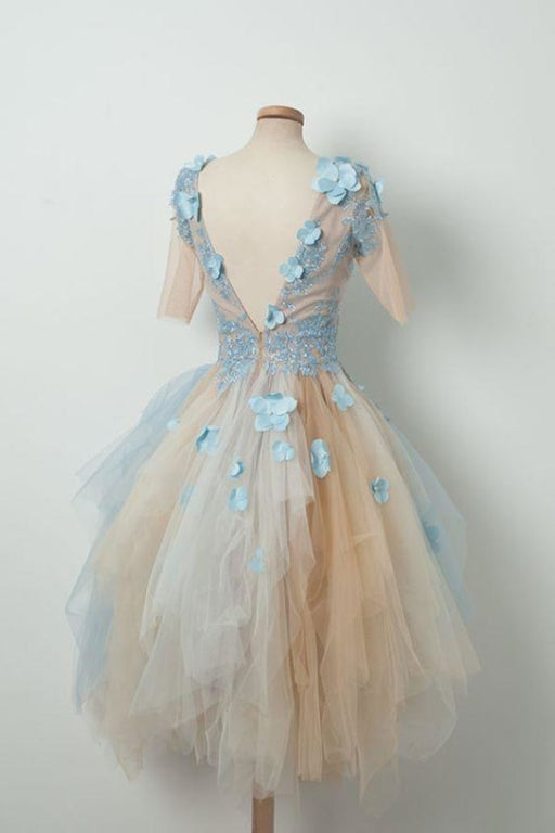 Cute V Neck Half Sleeves Tulle Short Prom Dress Asymmetrical Homecoming Dresses - Prom Dresses