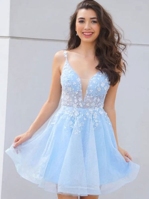 Cute V Neck Light Blue Lace Floral Short Prom Homecoming Dresses, Ligh Bridelily Cute V Neck Light Blue Lace Floral Short Prom Homecoming Dresses, Ligh Bridelily