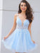 Cute V Neck Light Blue Lace Floral Short Prom Homecoming Dresses, Light Blue Lace Formal Graduation Evening Dresses 