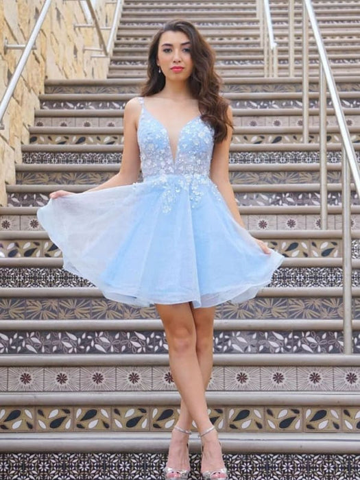 Cute V Neck Light Blue Lace Floral Short Prom Homecoming Dresses, Ligh Bridelily Cute V Neck Light Blue Lace Floral Short Prom Homecoming Dresses, Ligh Bridelily