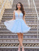 Cute V Neck Light Blue Lace Floral Short Prom Homecoming Dresses, Light Blue Lace Formal Graduation Evening Dresses 