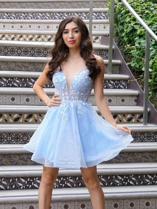 Cute V Neck Light Blue Lace Floral Short Prom Homecoming Dresses, Ligh Bridelily Cute V Neck Light Blue Lace Floral Short Prom Homecoming Dresses, Ligh Bridelily
