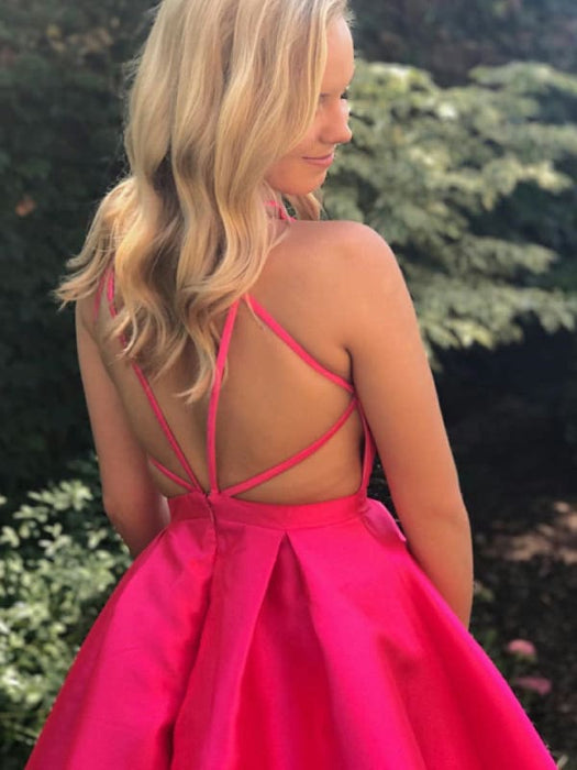 Cute V Neck Open Back Fuchsia Short Prom Dresses Homecoming Dresses, Fuchsia Short Formal Dresses, Fuchsia Graduation Evening Dresses
