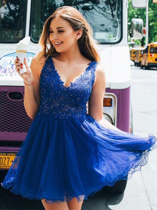 Cute V Neck Open Back Lace Beading Royal Blue Short Prom Dresses Homec Bridelily Cute V Neck Open Back Lace Beading Royal Blue Short Prom Dresses Homec Bridelily