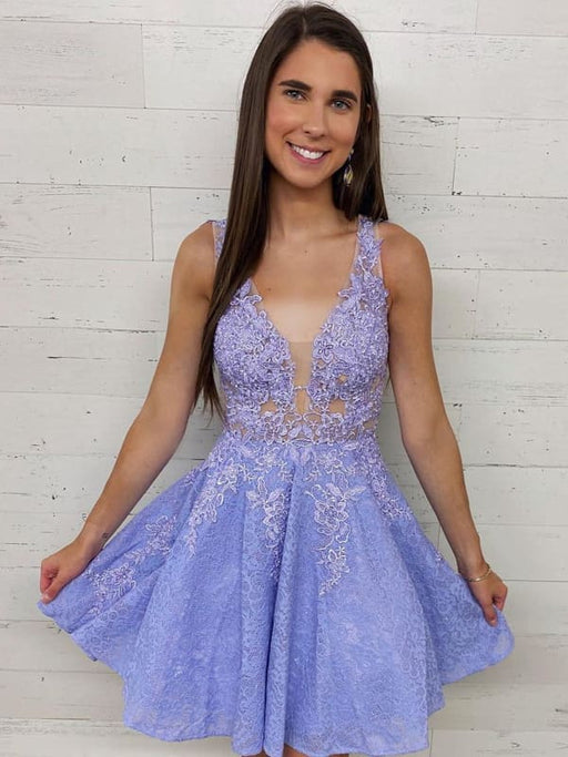 Cute V Neck Purple Lace Short Prom, Lilac Lace Homecoming, Short Purpl Bridelily Cute V Neck Purple Lace Short Prom, Lilac Lace Homecoming, Short Purpl Bridelily