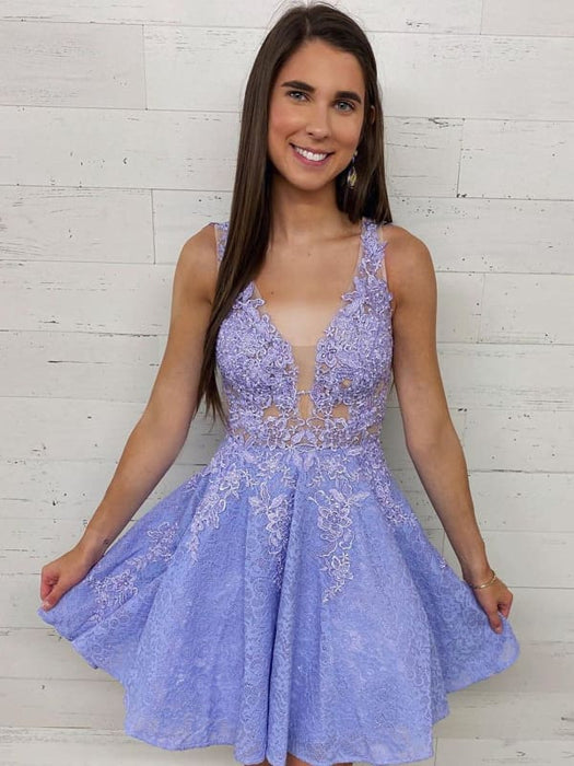 Cute V Neck Purple Lace Short Prom, Lilac Lace Homecoming, Short Purpl Bridelily Cute V Neck Purple Lace Short Prom, Lilac Lace Homecoming, Short Purpl Bridelily