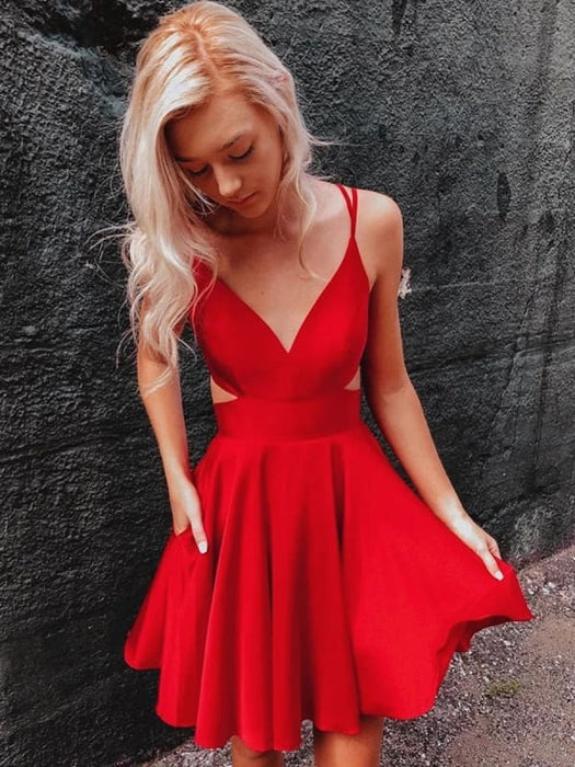 Cute V Neck Short Red Prom with Corset Back, V Neck Red Homecoming, Re Bridelily Cute V Neck Short Red Prom with Corset Back, V Neck Red Homecoming, Re Bridelily