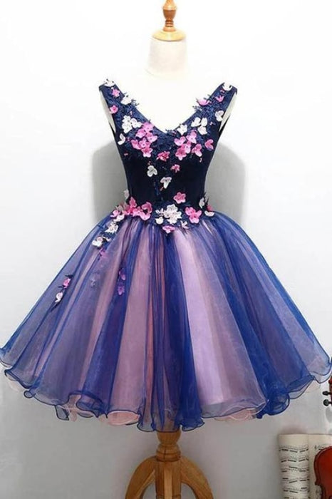 Cute V Neck Unique Flowers Cheap Homecoming Dresses with Beading Sweet 16 Dress - Prom Dresses