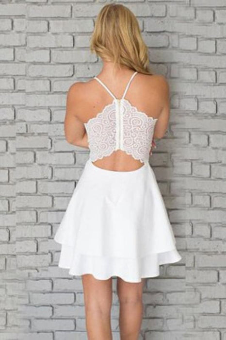 Cute V Neck White Short Prom Dresses with Lace Back, Short White Homecoming Formal Evening Dresses