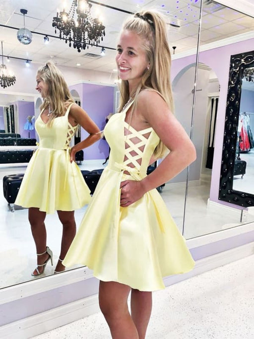 yellow formal dresses short Cute V Neck Yellow Satin Short Prom, Short Yellow Formal Graduation Ho — Bridelily