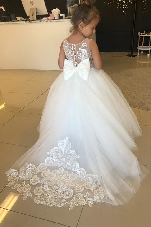Cute White Tulle Little Girl Dress for Wedding Sleeveless Lace Appliques Flower Girl Dress - Flower Girl Dresses