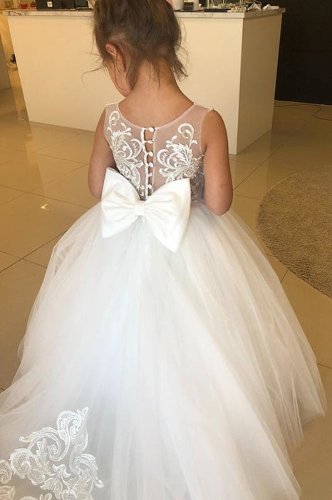 Cute White Tulle Little Girl Dress for Wedding Sleeveless Lace Appliques Flower Girl Dress - White / 2Y - Flower Girl Dresses
