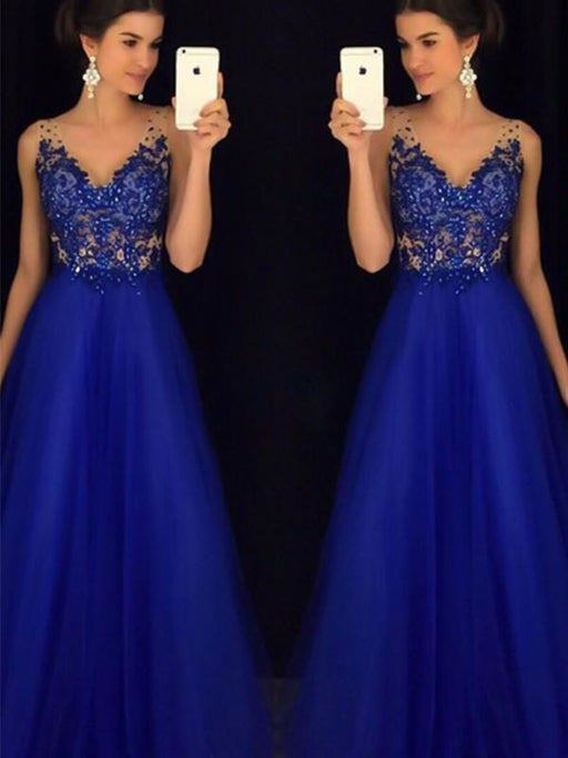 D| Bridelily A-Line V-Neck Sleeveless Floor-Length With Applique Tulle Dresses - Prom Dresses