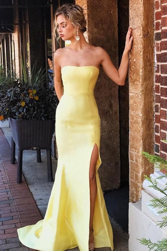 Daffodil Strapless Split Long Party Dress Sexy Simple Mermaid Prom Gown - Prom Dresses
