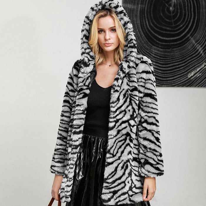 Daily Fall & Winter Hooded Leopard Faux Fur Coat - S / White - womens furs & leathers