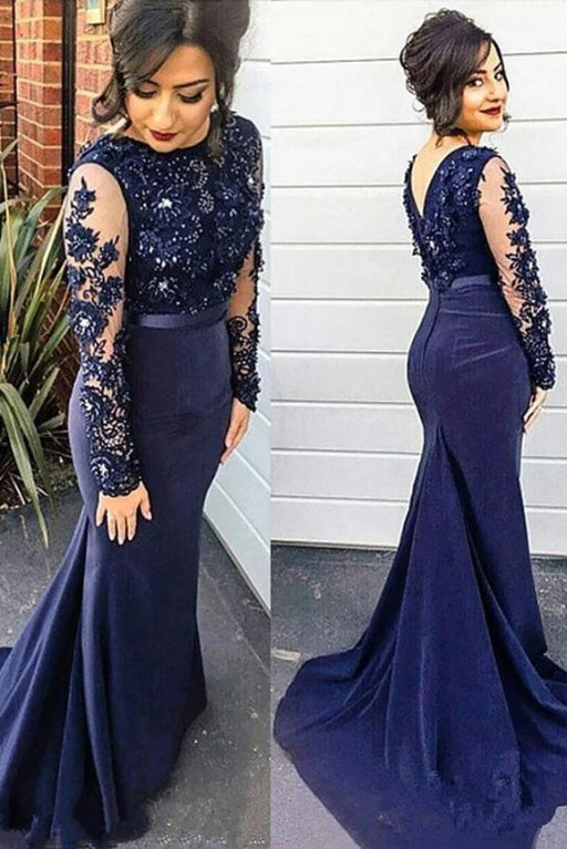 Dark Blue Mermaid Sleeve Lace Appliques Prom Plus Size Long Prom Dress - Prom Dresses