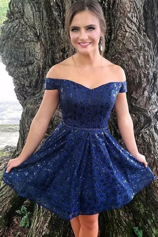Dark Blue Off the Shoulder Homecoming Dresses Sexy Lace Short Prom Dress - Prom Dresses