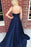 Dark Blue Spaghetti Strap Satin Evening Long Sleeveless Split Prom Dress - Prom Dresses
