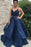 Dark Blue Spaghetti Straps Puffy Prom Dress with Beads Unique Long Evening Dresses - Prom Dresses